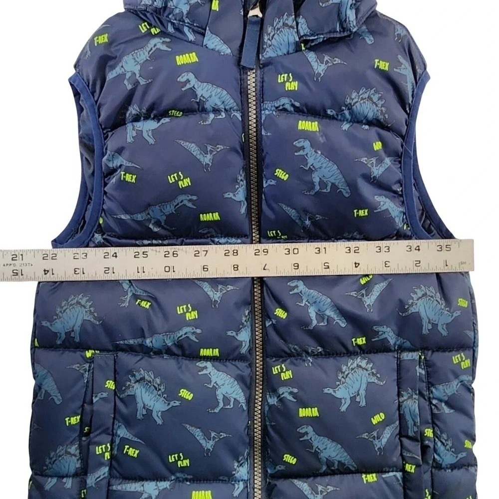 H&M Boys 6X/7 Navy Blue Dinosaur Puffer Vest Hooded Zip Up Jurassic Gorpcore Kid